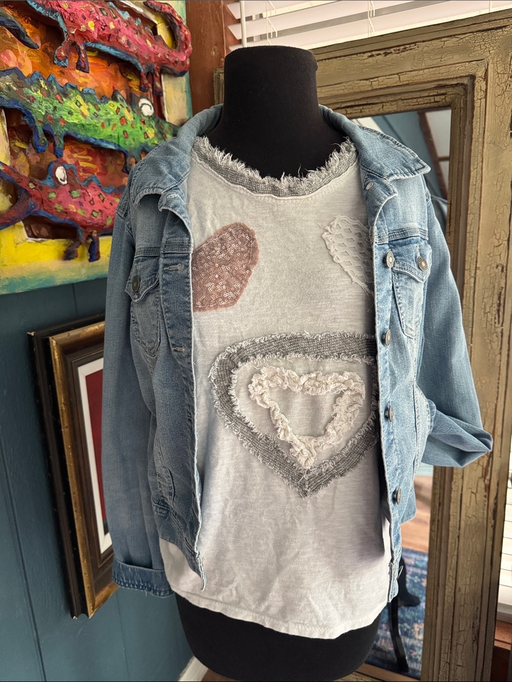 Light Wash Denim Jacket Over Heart Appliqué Tee